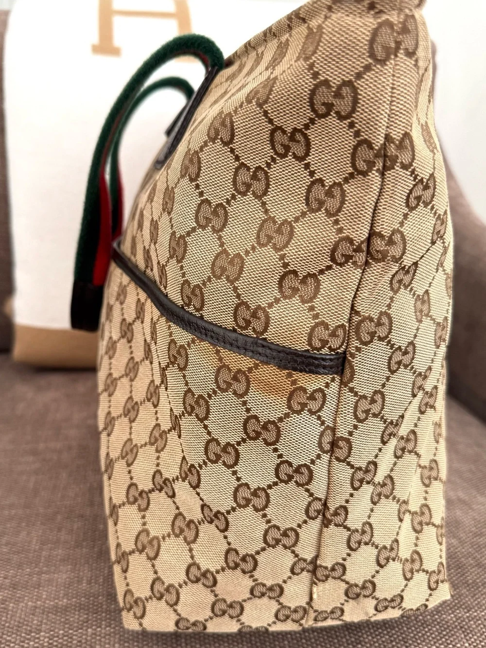 Gucci authentic tote bag brown monogram canvas diaper bag red green handles